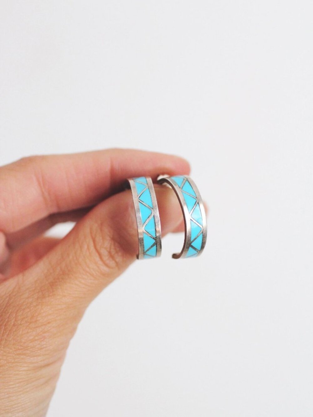 Vintage Sterling Silver Turquoise Channel Inlay Half Hoop Earrings Native Americ